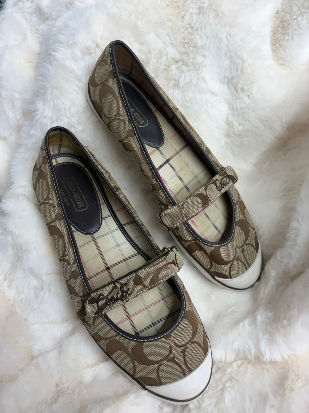 Coach Women Signature Canvas Mary Jane Flats with White Toe